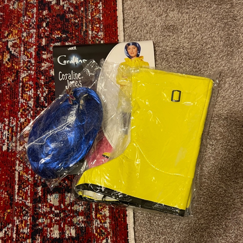 BRAND NEW coraline costume BOOTS AND WIG ONLY with dragonfly pin. Size SMALL.